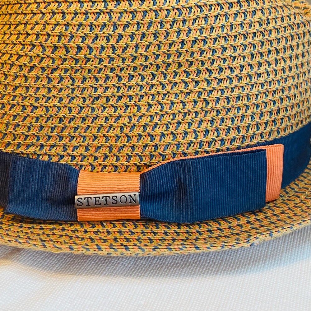 Stetson Toyo Trilby Straw Fedora with Navy and Orange  Band - Picture 2 of 7